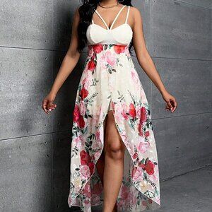 Pink Boho Womens Floral Print Backless Wrap Hem Cami Romper